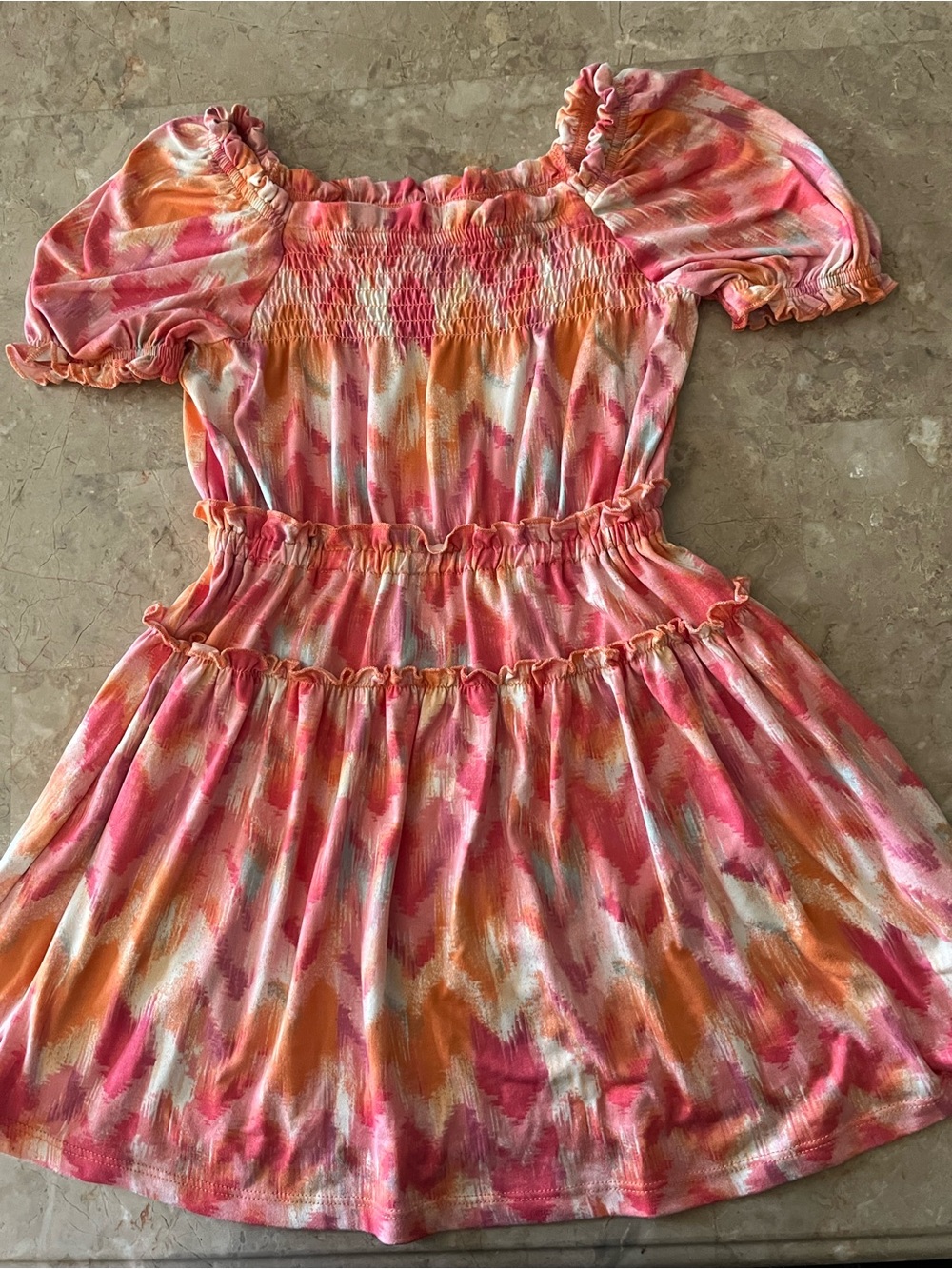 BCBGirls Pink & Orange Watercolor Smocked Dress